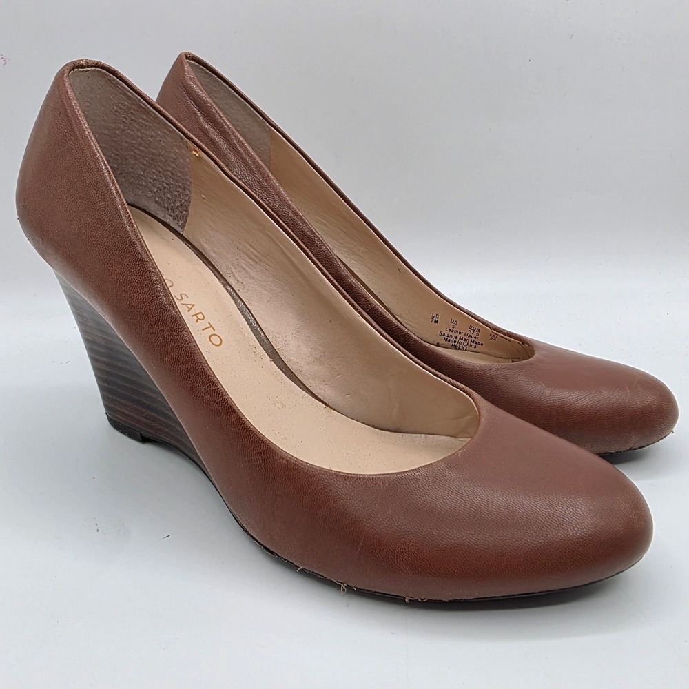 Franco Sarto Helio Wedge Pumps Brown Leather Round Toe Womens 7M